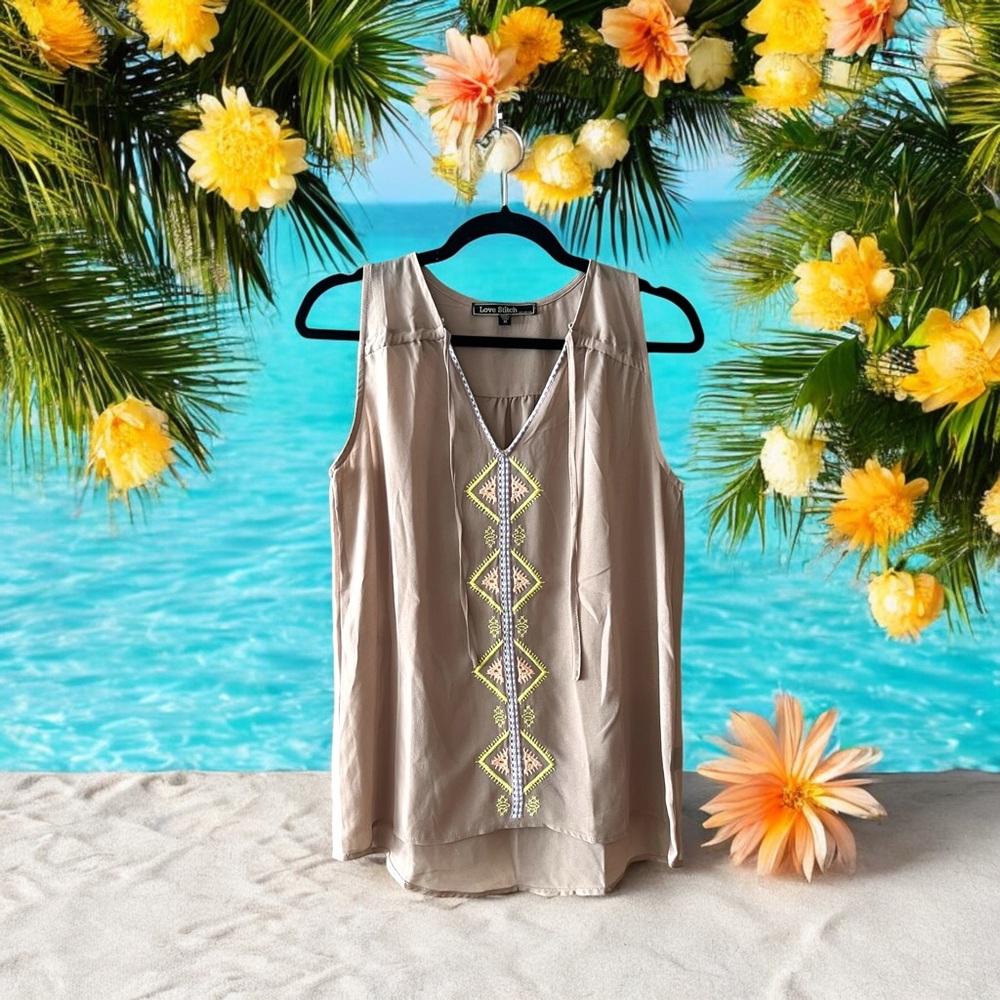 Love Stitch Beige Semi Sheer Sleeveless Top with Embroidery